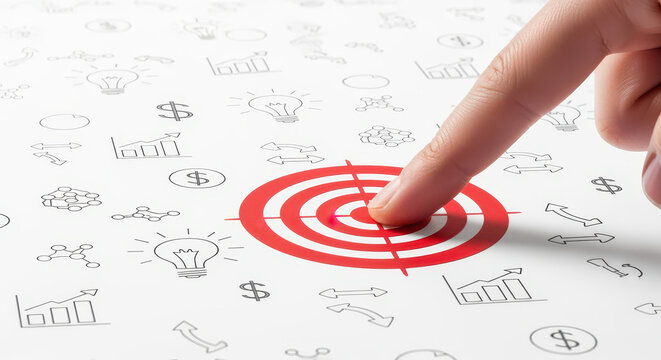 Finger pressing target symbol on flat surface filled with various business icons, representing focus and strategy in achieving goals. image conveys determination and clarity