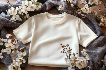White T-shirt mockup surrounded by blooming spring branches fresh floral composition vibrant seasonal design space for branding or text placement