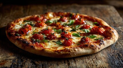 A delectable pizza with fresh tomatoes and basil, on a rustic wooden board.