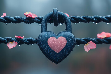 Elegant gray heart-shaped padlock attached to two metal bars symbolizing love Valentine's Day romantic intimate concept cozy affectionate decorative scene
