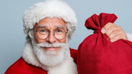 Cheerful elderly man with white beard and glasses, dressed in festive red coat, holding a large red sack, embodying the spirit of holiday joy and celebration during the Christmas season