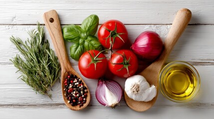 Fresh ingredients including tomatoes, garlic, onions, herbs, and olive oil arranged on wooden surface, showcasing vibrant colors and textures for culinary inspiration and healthy cooking