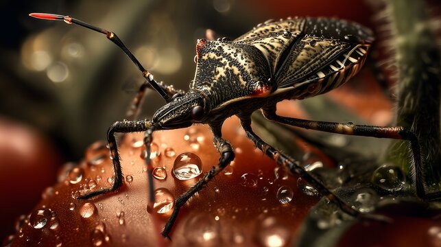 Leaffooted bug feeding on tomato close-up nature