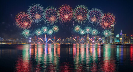 A spectacular, colorful fireworks display illuminates a dense urban skyline, beautifully reflected in the calm water of the bay.