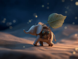 Adorable Baby Elephant Near Firelight in Night Scene