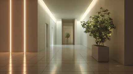 Obraz premium Modern office hallway with plant and neutral colors creating a serene and professional atmosphere