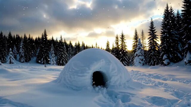 Snowhouse in the snow and forest landscape