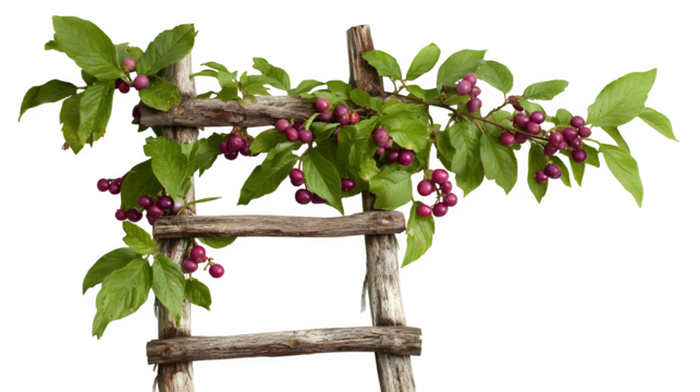 A small, rustic wooden ladder leaning against a berry bush, suggesting recent fruit picking, isolated on a Transparent background