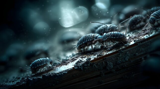 Close-up of booklice on moldy surface