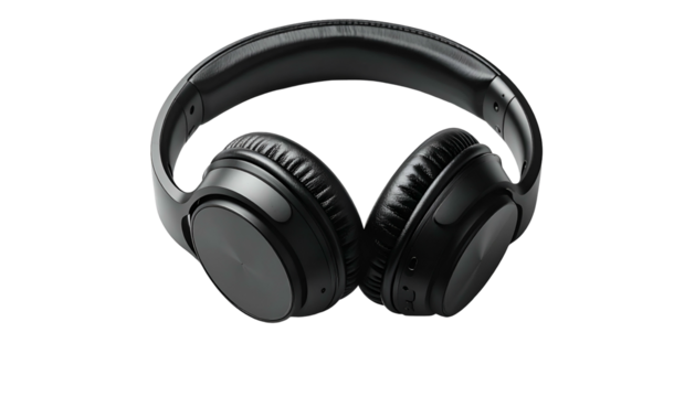 Black over-ear headphones, angled view, against a black background