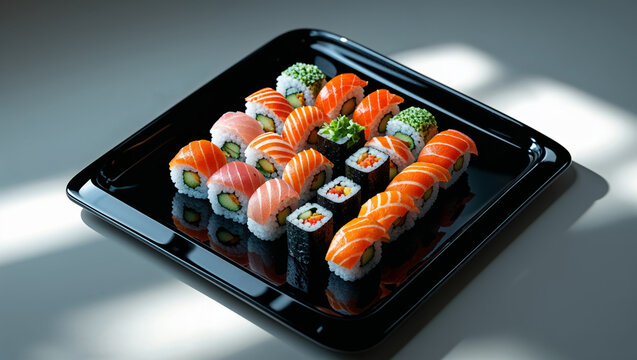Delicious sushi rolls arranged on a black plate, ready to be enjoyed