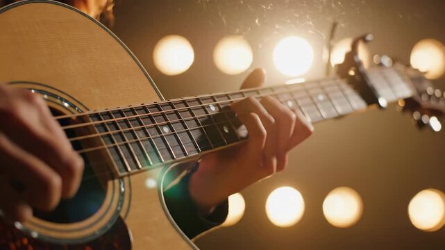 Close up of hand playing acoustic guitar with bokeh lights background - Powered by Adobe