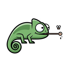 Fototapeta premium Cartoon chameleon with large eyes extends its tongue to catch a fly.