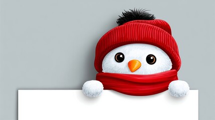 Cute snowman character wearing a red knitted hat and scarf, peeking over a blank white space, perfect for holiday greetings and winter-themed designs with copy space