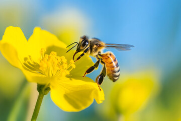 late spring meadow where bees hover over blooming alpine wildflowers