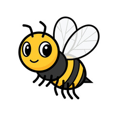 A cheerful cartoon bee with black and yellow stripes, flying forward with open wings.