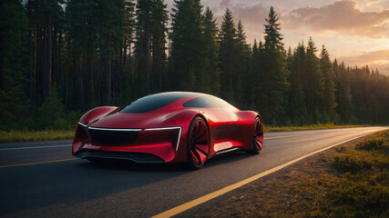 Fototapeta premium Sleek red electric car driving on a scenic road through a forest at sunset
