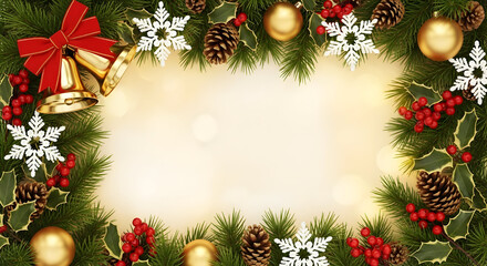 A festive Christmas holiday frame composed of pine branches, golden bells, baubles, pinecones, and snowflakes on a glowing background.