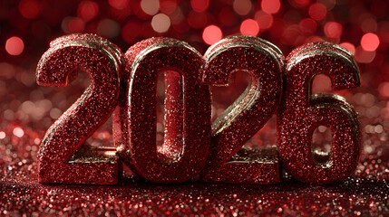 3D Hello 2026 numbers in a glittery red background with a glittery texture and a bokeh effect against a dark red background representing the new year concept. Festive digital