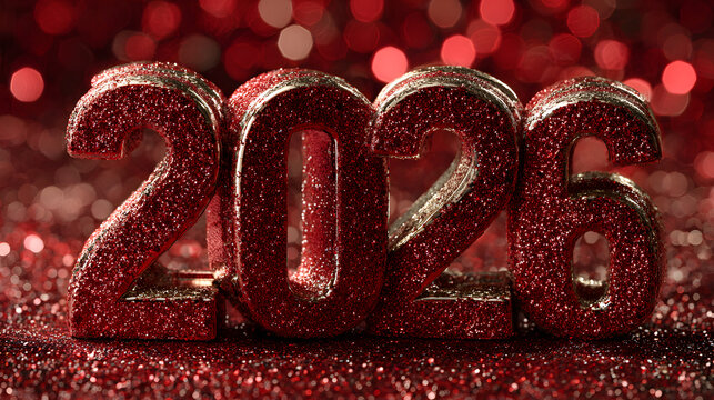 3D Hello 2026 numbers in a glittery red background with a glittery texture and a bokeh effect against a dark red background representing the new year concept. Festive digital