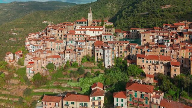 Aerial view of the picturesque hilltop town of Apricale, Liguria, Northern Italy
