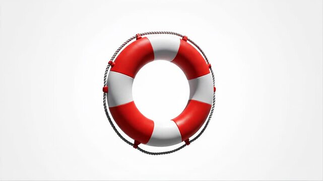 Red and white striped lifebuoy with rope floating isolated on white background