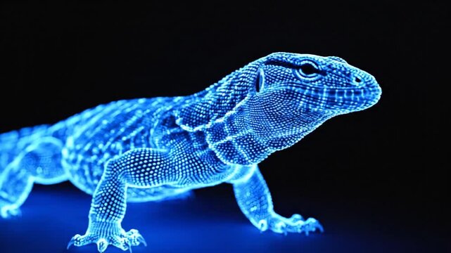 holographic Ackie monitor lizard moving naturally, on a clean black background.