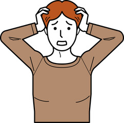 Fototapeta premium 正面向き。頭を抱えるTシャツの若い男性。