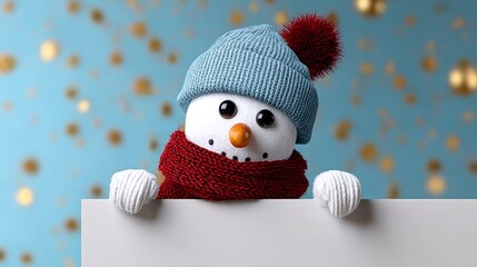 Cheerful snowman wearing a blue knitted hat and red scarf, peeking over a blank sign against a festive background with golden bokeh lights, perfect for holiday greetings and winter celebrations