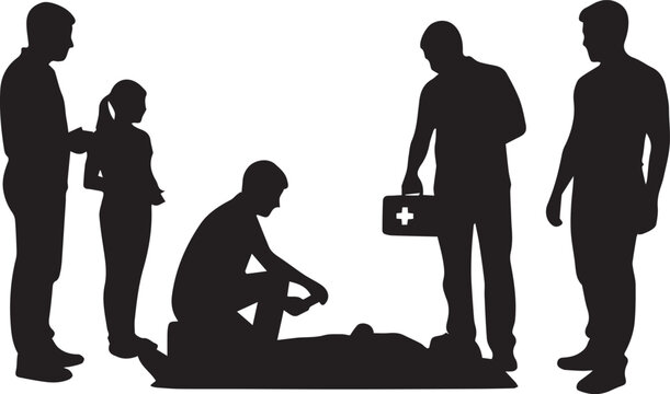 Diverse volunteers in silhouette providing first aid and support on international volunteer day