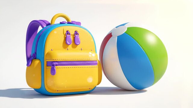 Colorful 3d rendered backpack and beach ball side by side on a bright white background