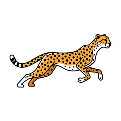 Cartoon cheetah running, depicted in a minimalist style with black spots and a long tail.