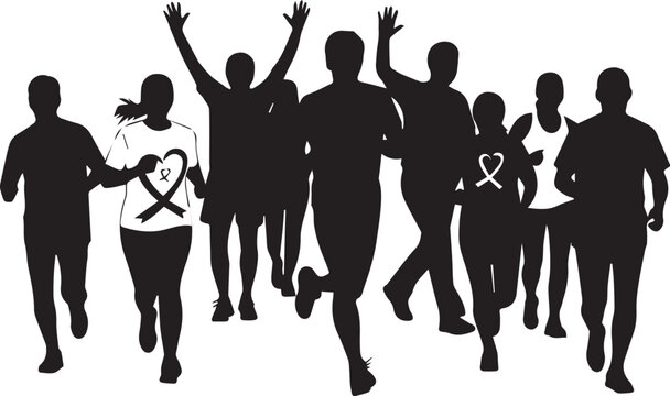 Diverse group of people running together celebrating international volunteer day with raised hands