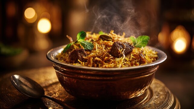 A steaming bowl of delicious rice and meat, garnished with fresh mint leaves. - Powered by Adobe