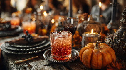gathered around a party table celebrating halloween with drinks and pumpkins. A festive autumn gathering features spooky beverages and decorative gourds around a convivial table.