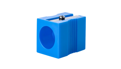 Blue, blocky pencil sharpener with metal blade detail, black background