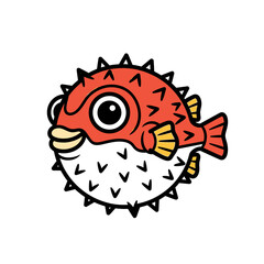 Cartoon illustration of a red and white pufferfish with black outlines, inflated and facing forward.