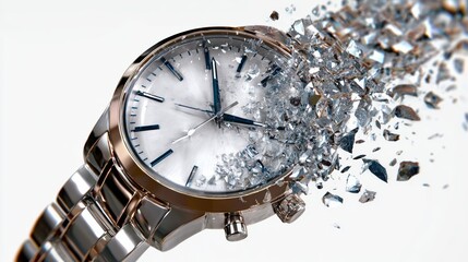Luxury wristwatch with a silver metal band and white dial, shattering into fragments, showcasing the intricate design and craftsmanship of timepieces in a dynamic visual representation