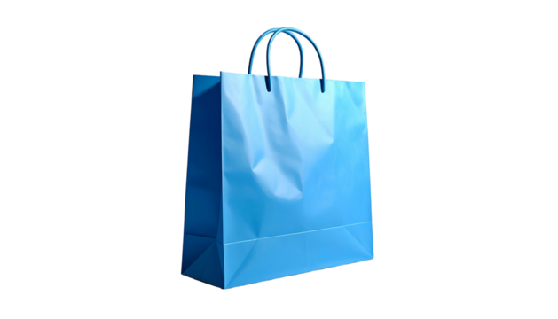 Glossy cyan blue shopping bag with handles on a black background