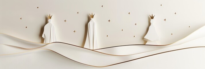 Minimalist representation of three kings for epiphany celebration. Star of Bethlehem, or Christmas Star. Horizontal banner. Copy space. Three Kings Day