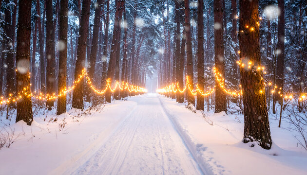 Snowy forest path glows with warm Christmas lights, creating a magical winter wonderland atmosphere
