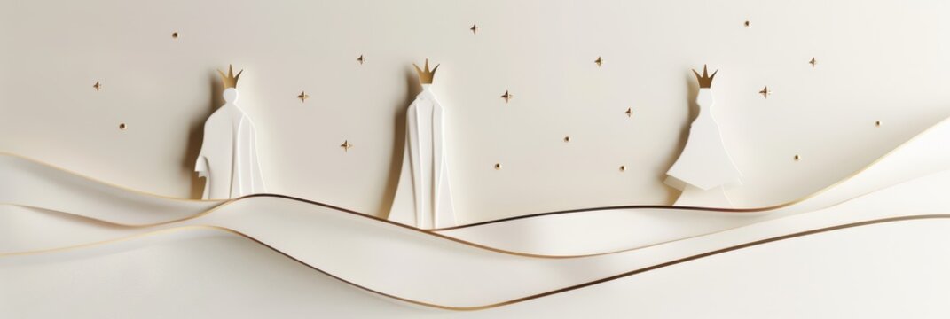 Minimalist representation of three kings for epiphany celebration. Star of Bethlehem, or Christmas Star. Horizontal banner. Copy space. Three Kings Day