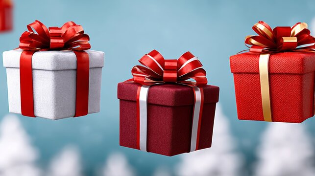 Colorful gift boxes with vibrant ribbons are floating against a soft blue background, creating a festive atmosphere perfect for holiday celebrations and seasonal gifting