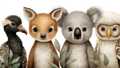 Obraz premium Watercolor australian cartoon kangaroo ostrich Emu koala and flying fox owl Echidna . Australian Black Swan and numbat Kookaburra cockatoo kids illustration. Nursery. Adorable