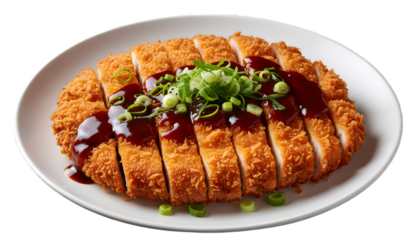 Crispy japanese pork cutlet tonkatsu with savory sauce and green onion topping on white plate
