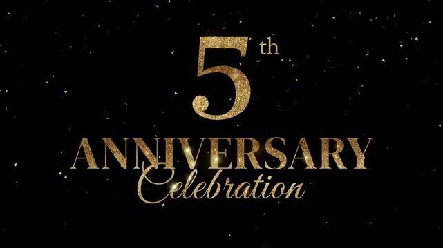5th anniversary celebration with gold glitter confetti on dark background. golden text animation on alpha channel. 4k