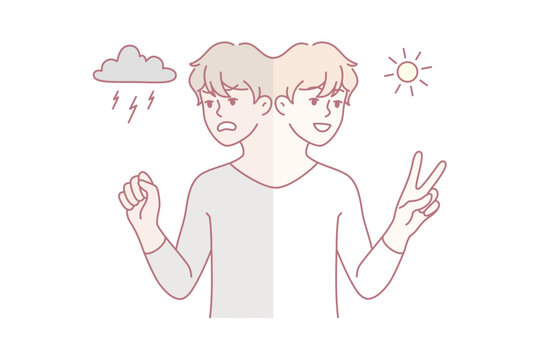 split personality showing storm and sunshine, minimal line illustration of two-faced figure with contrasting