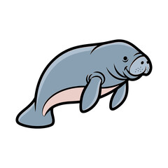 Cartoon illustration of a gray manatee swimming, showing its body and flippers.