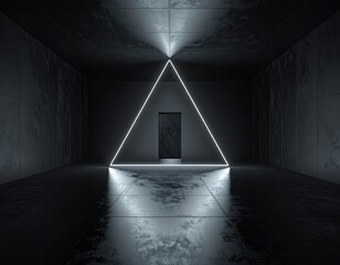 Futuristic, dark interior with a triangular neon light encompassing a door at the end