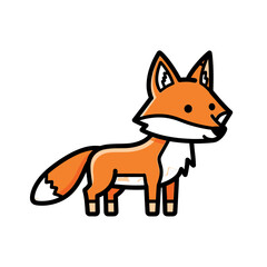 A cartoon fox with orange fur and white chest standing on a white background.